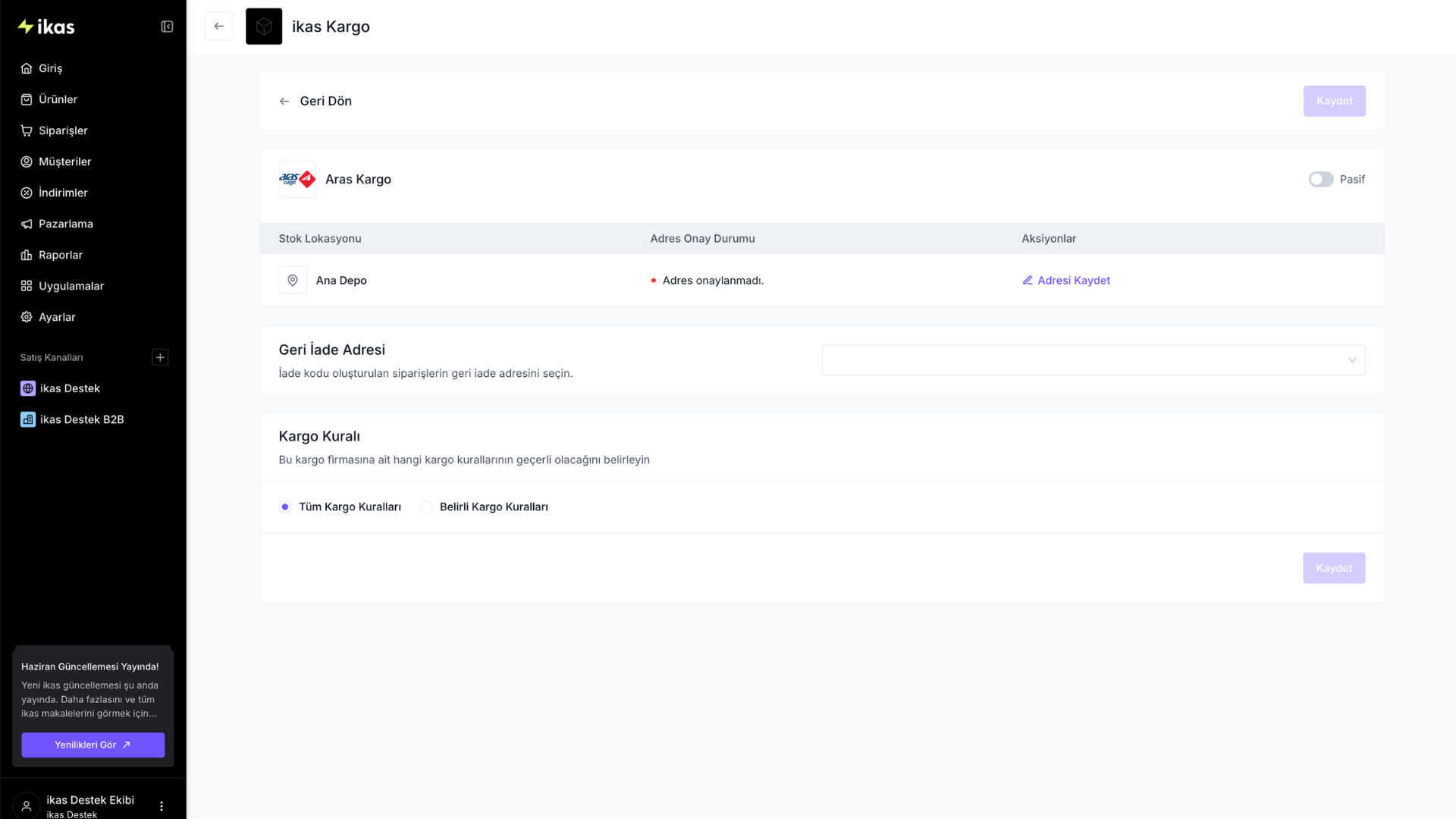 ikas — Aras Kargo ayar ekranı