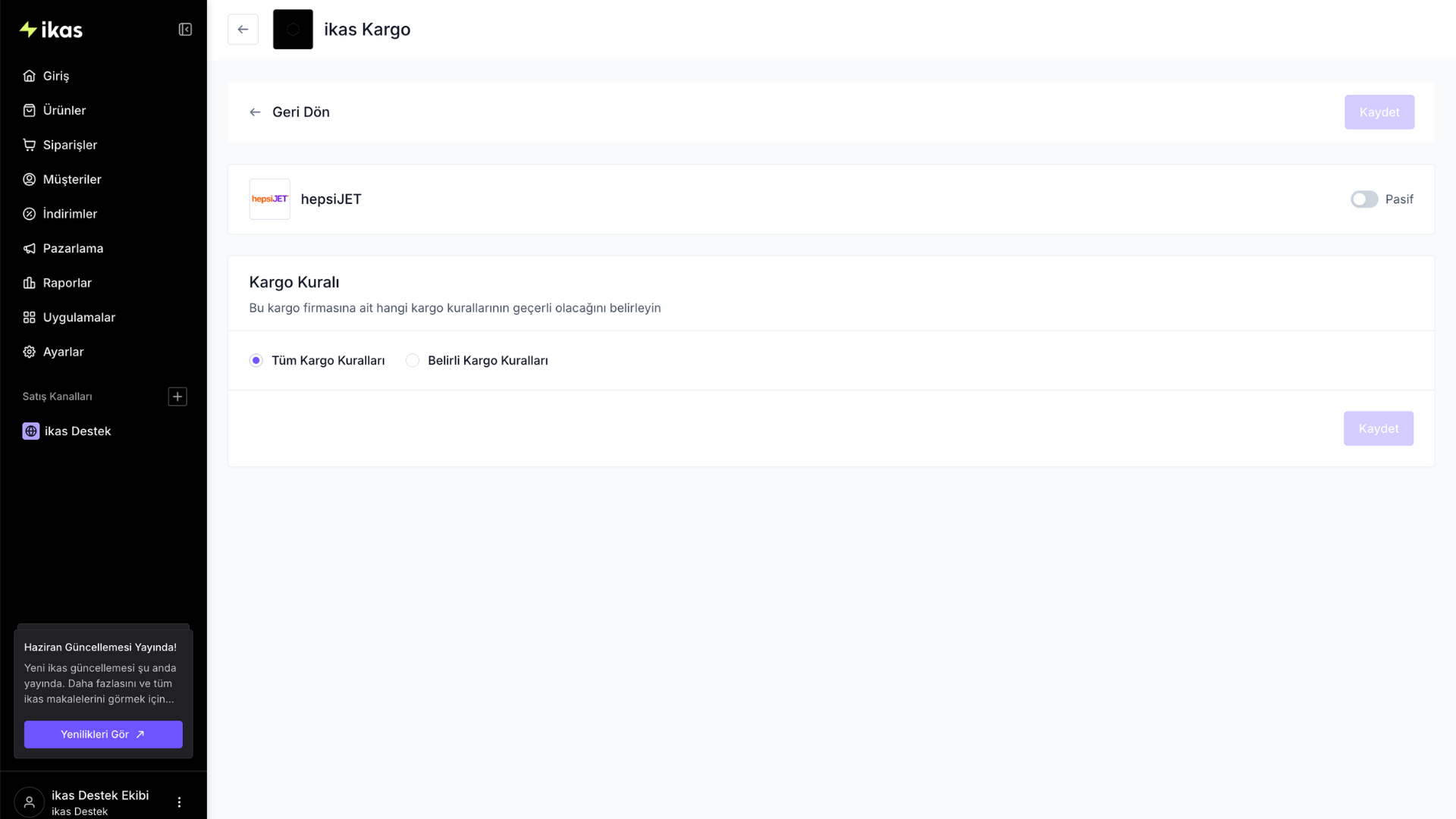 ikas — HepsiJET ayar ekranı